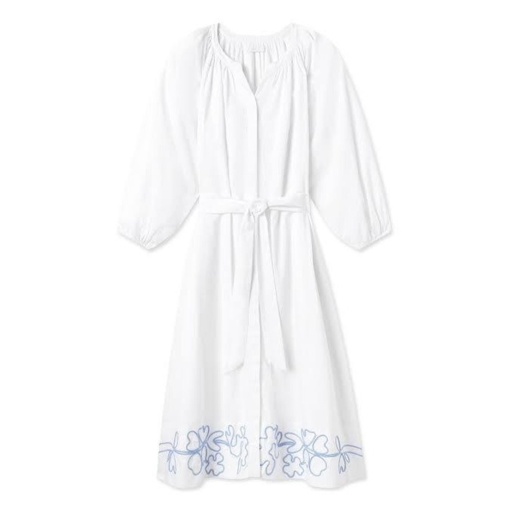 LAKE Pajamas Brunch Dress White Blue Floral Embroidered Midi M Belted Tie Waist